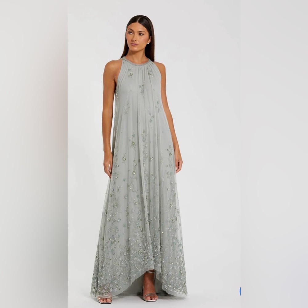 Mac Duggal High Neck Floral Embellished Mesh Trapeze Gown - Sage - Size 8